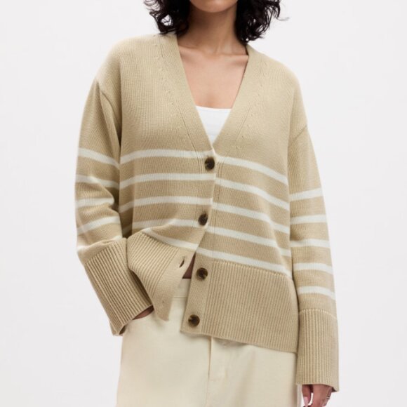 Gap Oversize Button Up Striped Cardigan Tan White Split-Hem - Size M - Picture 1 of 8